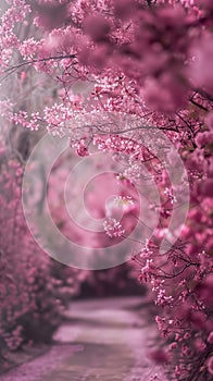 A photograph showcasing a scene of pink cherry blossoms, embodying themes of spring and freshness.