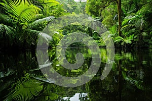 A photograph showcasing a serene body of water encapsulated by a dense collection of vibrant, green trees, The reflections of a
