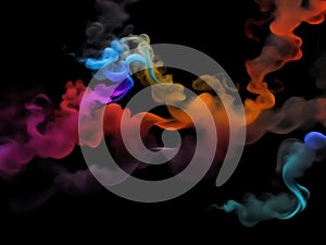 Photograph of a singular flowing colorful smoke stream in black background