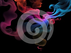 Photograph of a singular flowing colorful smoke stream in black background