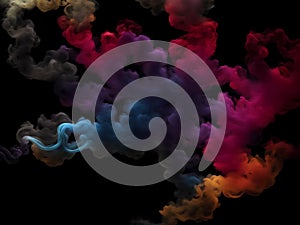 Photograph of a singular flowing colorful smoke stream in black background