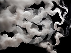 Photograph of a singular flowing white light gray smoke stream in black background