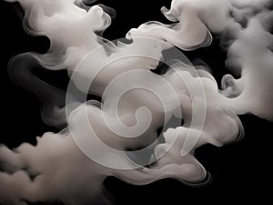 Photograph of a singular flowing white light gray smoke stream in black background