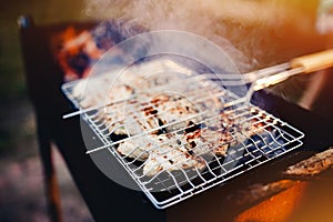 Photograph of some chicken meat on the barbecue