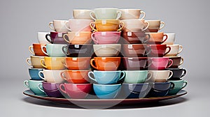 Photograph a stack of colorful tea cups with matching saucers, arranged neatly agains