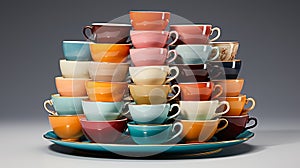 Photograph a stack of colorful tea cups with matching saucers, arranged neatly agains