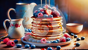 Photograph of a stack of fluffy pancakes topped with fresh berries and drizzled with maple syrup.