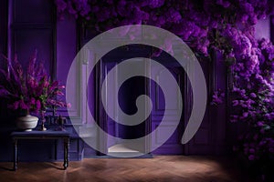 A Photograph: Step into an ethereal sanctuary as violet-hued walls and delicate accents embrace you,