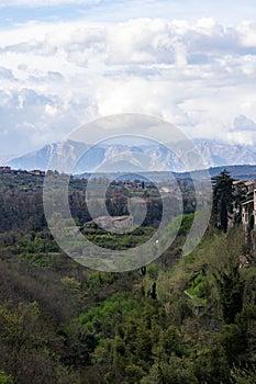 Photograph taken in Sant\'Agata de\' Goti, Italy, showcasing an aerial view of the ancient city