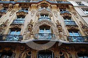 A photograph of a tall building adorned with intricately designed windows and balconies, Art Nouveau hotel facade in Paris, AI