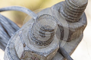 Photograph of the thread of a rusty galvanised bolt