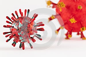 A photograph of two colorful 3D Virus artwork model forms inspired by the Covid-19 lockdown of 2020