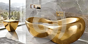 In the photograph, the unique luxury of the golden toilet is filmed, creating an atmosphere of