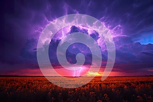 A photograph of a vibrant purple sky with a lightning bolt visible in the distance