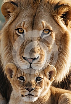 Photograph of a white Felidae and its cub laying on top of each other in nature