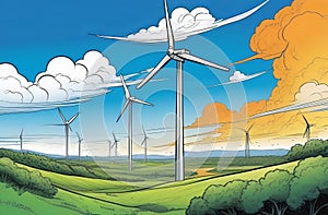 A photograph of wind turbines under a blue sky in a natural landscape