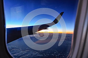 Photograph of the wing of an airplane from inside.