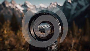 Photographer aiming SLR camera at mountain peak, focusing on foreground generated by AI