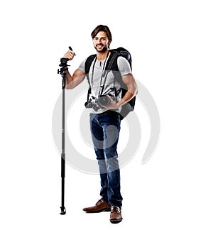 Photographer, backpack and smile with camera in studio for career, behind the scenes and equipment. Photography, person