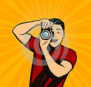 Photographer with camera. Reporter retro comic pop art vector illustration