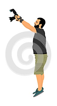 Photographer with camera vector illustration. Paparazzi shooting on the event. Photo reporter on duty. Sport photography.