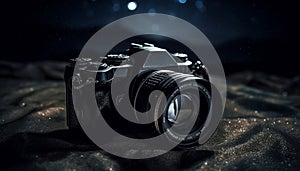 Photographer captures old fashioned camera close up on dark background generated by AI