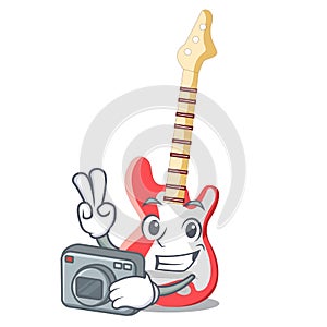 Photographer character electric guitar in wooden shape
