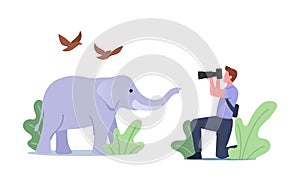 Photographer Character Shoot Elephant and Birds Making Low-frequency Infra Sound Waves with Frequency