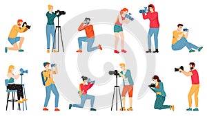 Photographer characters. Paparazzi, cameraman creative people take photo shot, reporters and journalists characters