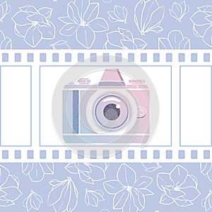 Photographer design element for logotype, label, badge and other. Magnolia flowers,retro photocamera and film in trendy colors. Ve