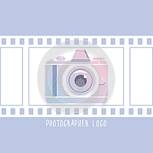 Photographer design element for logotype, label, badge and other. Retro photocamera and film in trendy colors. Vector illustration