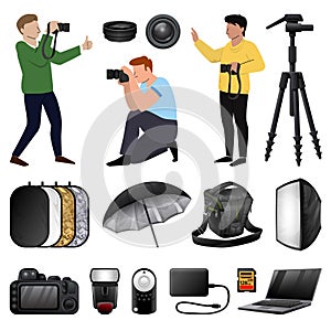 Photographer equipment icons set cartoon vector. Professional photo