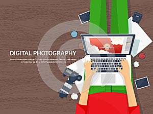 Photographer equipment on a table. Photography tools, photo editing, photoshooting flat background. Digital photocamera