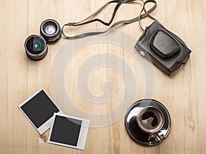 Photographer equipment on wooden desk, mock-up