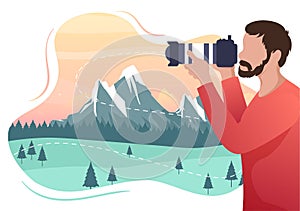 Photographer Flat Design with Professional Camera to Photo the Landscape Mountain and Nature in Cartoon Style Vector Illustration