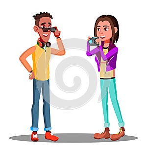 Photographer Girl Taking Pictures Posing Friend Guy Vector. Isolated Illustration