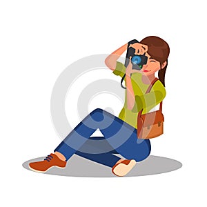 Photographer Girl Vector. Photographic Camera. Reporter, Journalist, Blogger, Paparazzi. Cartoon Character Illustration