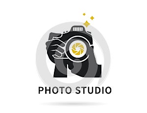 Photographer hands with camera flat illustration for icon or logo template