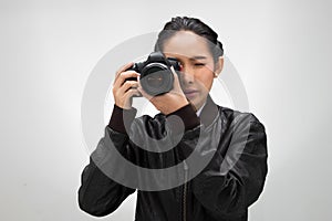 Photographer hold camera with external flash point