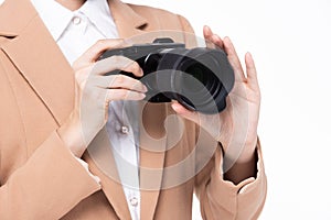 Photographer hold camera with external flash point