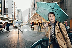 Photographer holding umbrella walking busy city