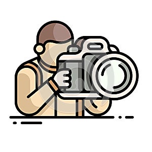 Photographer icon. Vector illustration of a photographer holding a big dslr or mirrorless camera.