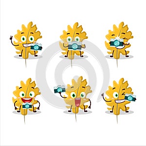 Photographer profession emoticon with oak yellow leaf angel cartoon character