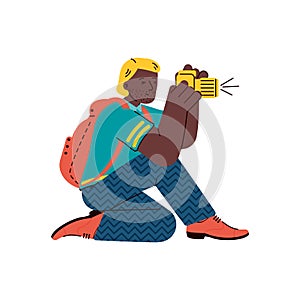 Photographer or reporter at work, flat cartoon vector illustration isolated.