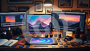 Photographer's Workspace with Multiple Monitors and Editing Tools