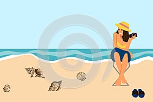 Photographer at sea beach. Cartoon woman taking picture with camera. Girl sitting on chair. Seashells on sand. Tourist