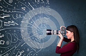 Photographer shooting images while energetic hand drawn lines an