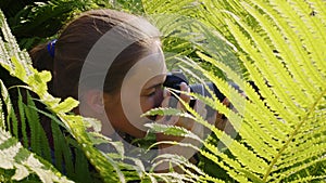 Photographer shooting wildlife among fern bushes