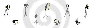 Photographer Studio Lighting Equipment with Spotlight and Lamp Vector Set