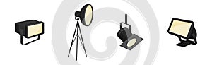 Photographer Studio Lighting Equipment with Spotlight and Lamp Vector Set